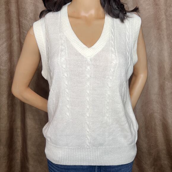 F.L. Limited Vintage Sweater Vest Sleeveless Cable Knit White V Neck Women's L - Picture 3 of 9